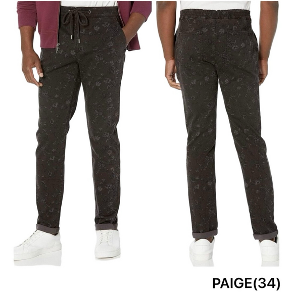 🐾PAIGE Men's Black Fraser floral stretch twill cuffed trousers charcoal size34..